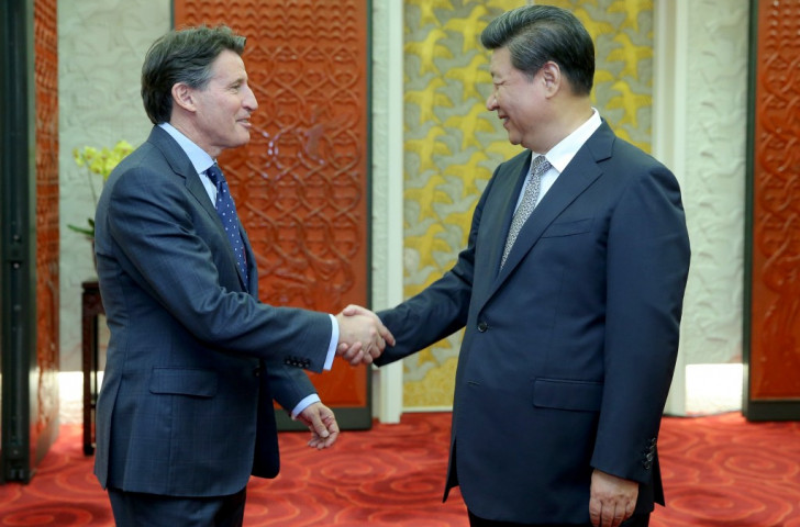 IAAF President Elect Sebastian Coe meets the Chinese President  Xi Jinping on the day of the Opening Ceremony at the Bird's Nest stadium Â©Getty Images